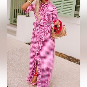 Elizabeth Wilson Designs Anne Claire Ruffle Wrap Maxi - Raspberry Gingham sz L